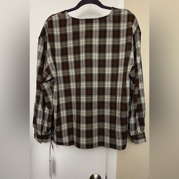NWT Treasure & Bond Plaid V-Neck Button-Up Shirt Brown Ivory Plaid Long Sleeve L - Picture 7 of 13